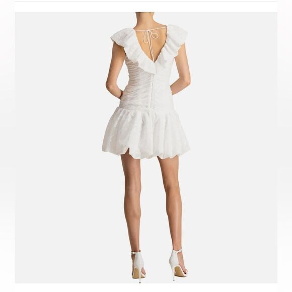 ML Monique Lhuillier  White Cocktail Party Dress with Puff Cap Sleeves - Picture 5 of 14